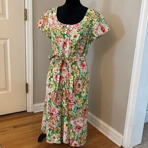 Coldwater Creek Linen Blend Floral Belted Midi Short sleeve Dress size P12